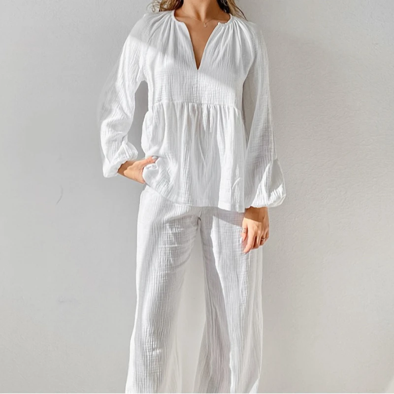 

New European and American Pure Cotton Breathable, Comfortable and Loose 2026 Long-sleeved Trousers Pajamas Two-piece Set