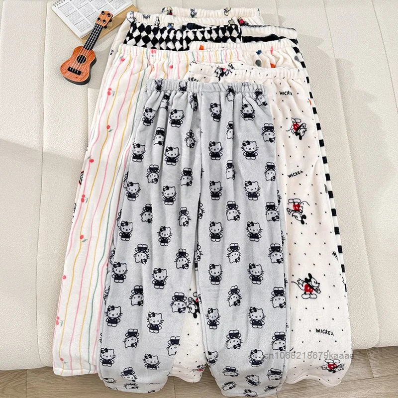 Hello Kitty Flannel Thick Sleeping Pants Cute Cartoon Pattern Trendy Plush Pajama Pants Autumn Winter Loose Versatile Home Pants