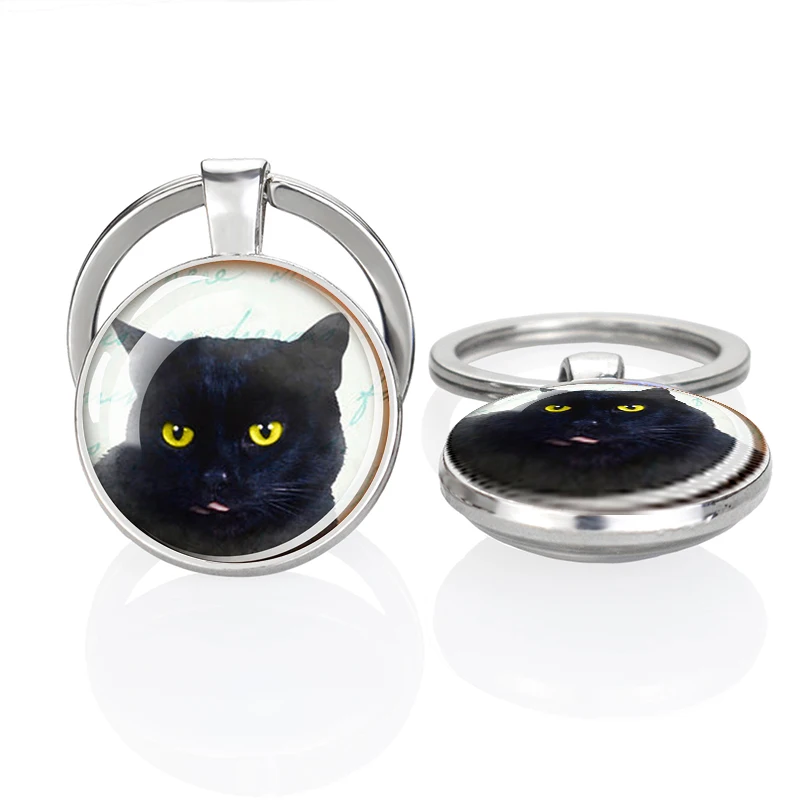 Black Cat Keychain Glass Inlaid Double Sided Cat Pattern Pendant Alloy Keyring Keeper Key Accessories Gift