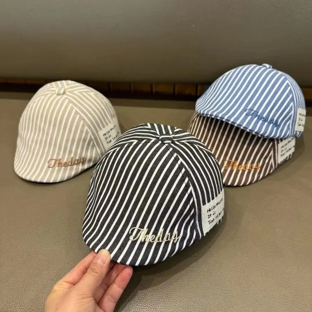 Fashion Vintage Beret Hat Letter Embroidery Striped Design Newsboy Cap Short Brim Adjustable Peaked Cap for 5 to 24 Months