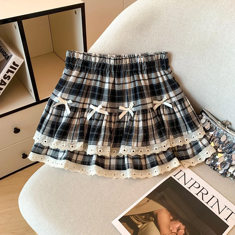 Doux Preppy Mini jupe femmes nœud Plaid dentelle Patchwork taille haute gâteau jupes étudiant Kawaii une ligne plis printemps été jupes