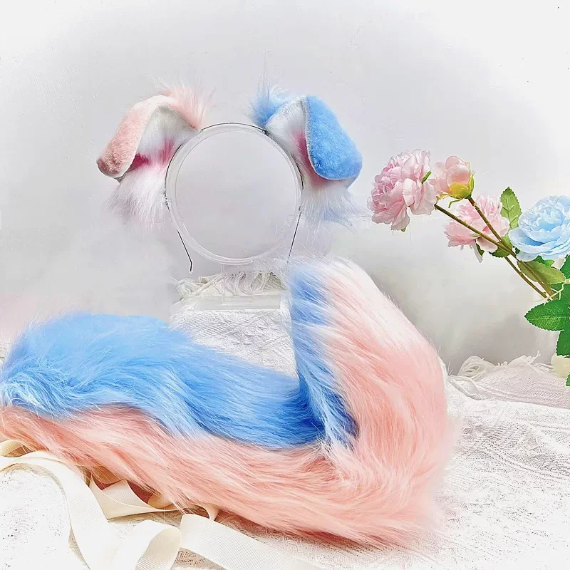 جديد اليدوية الراعي الكلب الأذن الوردي الأزرق الوحش الحدود الكولي آذان الذيل أغطية الرأس لعيد الميلاد هالوين تأثيري فتاة شعر مستعار كليب