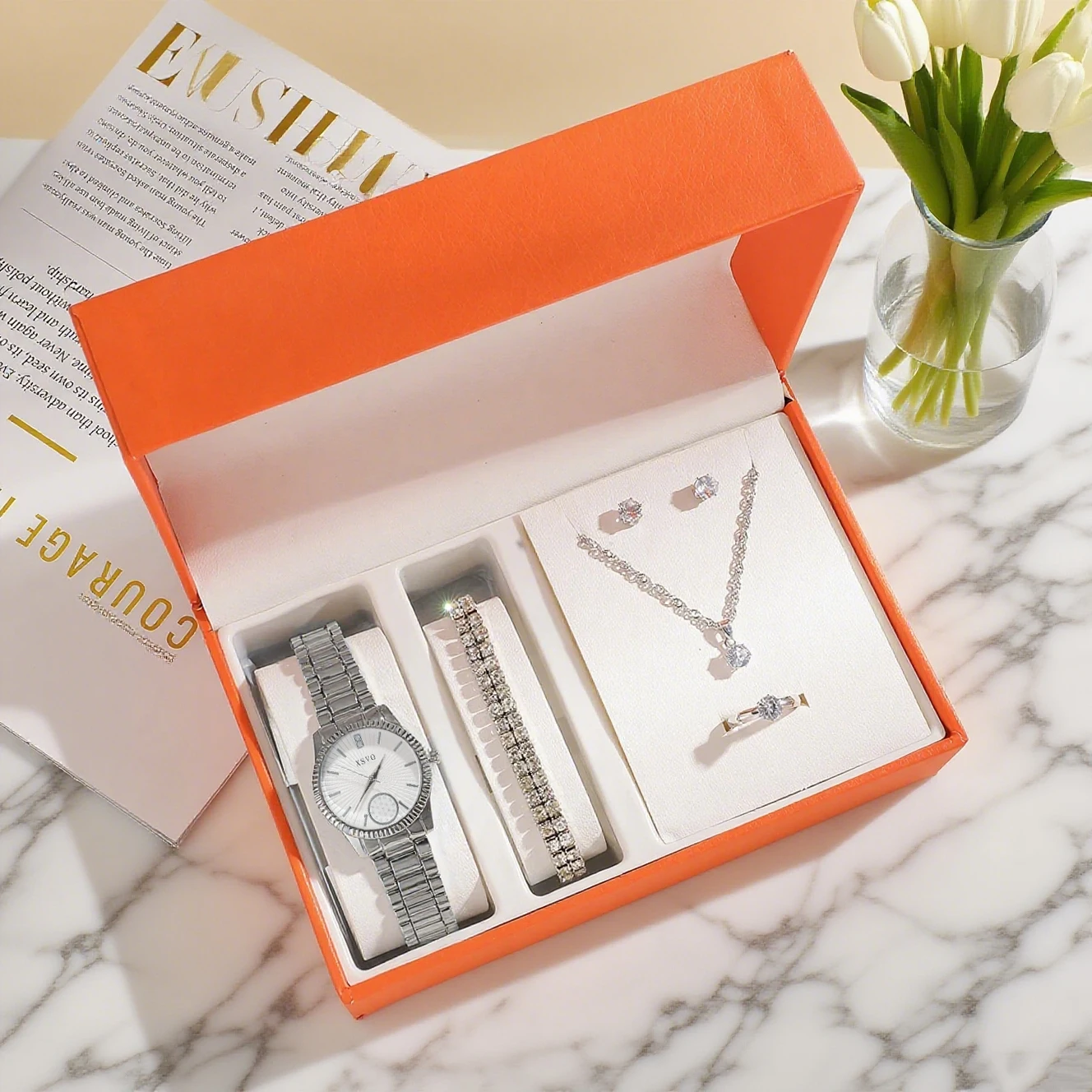 Montre à Quartz pour femmes, cadran rond de luxe léger à la mode, bracelet en alliage, ensemble de 6 bijoux en diamant, adapté au Thanksgiving et au Chr