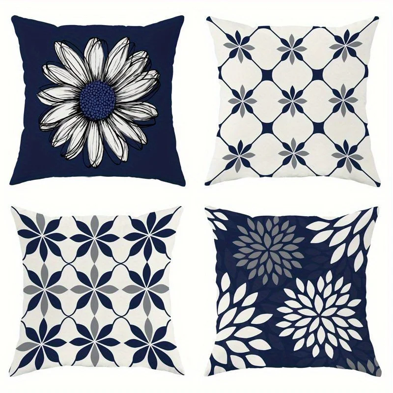 Decorative Throw Pillow Covers Set of 4 Navy Blue White Boho Cushions Geometric Floral Mandala Print Accent Pillows for Sofa
