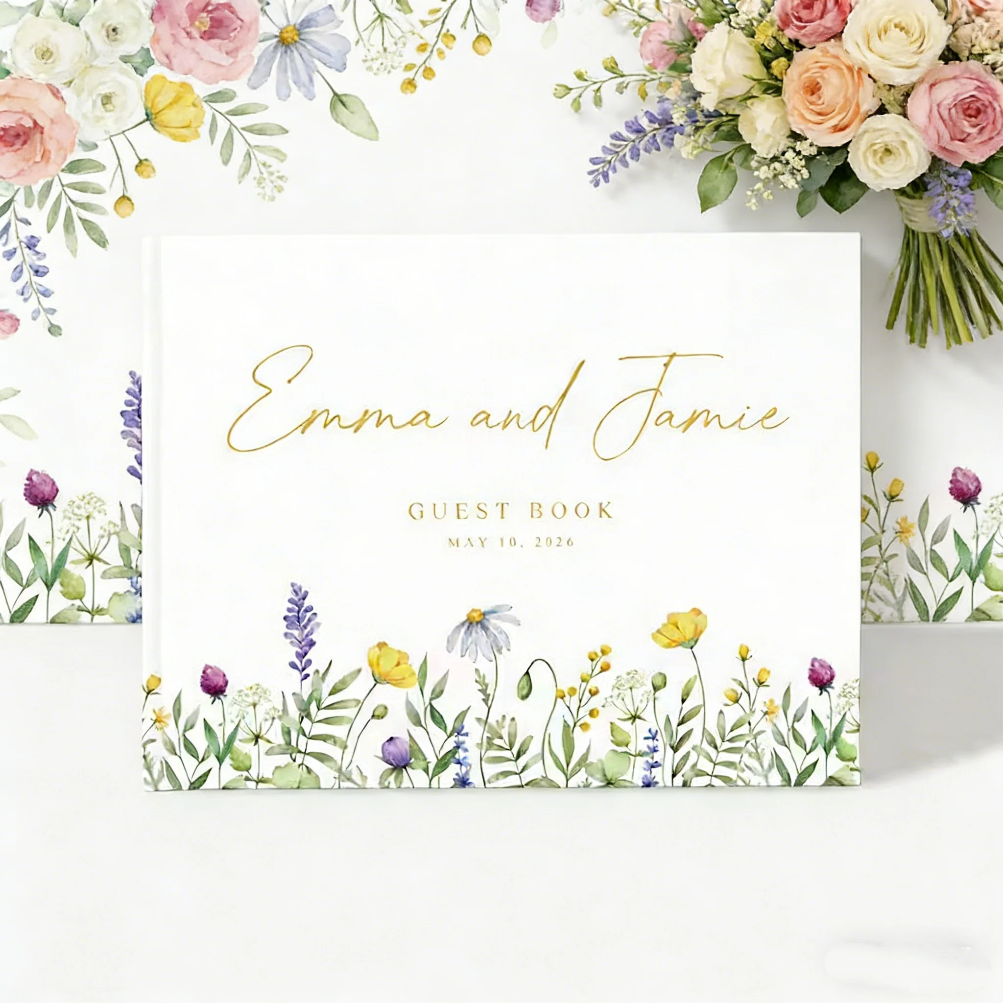 

Персонализированная золотая свадебная книга для гостей, альбом для регистрации на свадебном приеме в стиле «Сад дикорастущих цветов», элегантный памятный альбом A091