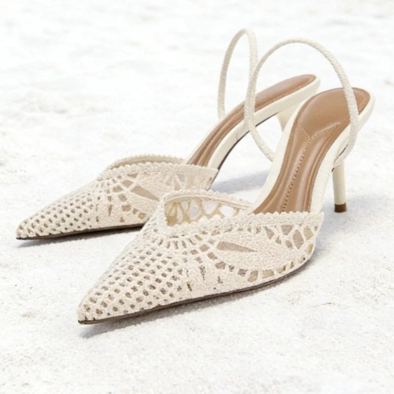 

Beige Hollow Mesh Woven Brand Sandals Women Sexy Pointed-Toe Stiletto Slingback Heels Fashion Bohemian-Style Wedding Bridal Shoe