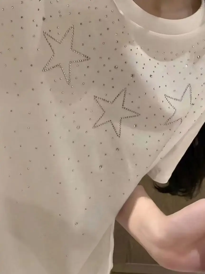 High Quality Rhinestone Pure Cotton round Neck Short Sleeve T-Shirt Men's Casual Versatile Brand Star Pattern Breathable Comf...