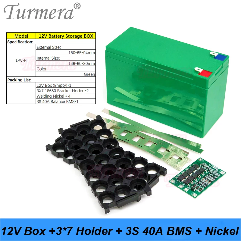 Turmera 12V 6Ah to 23Ah Battery Storage Box 3X7 18650 Holder 3S 40A BMS with Welding Nickel for Motorcycle Replace Lead-Acid Use