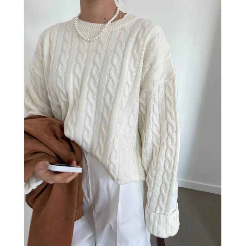Women's Knitted Long Sve Sweater Soft Twist Design Autumn Early Season Versatile Lazy Sle High Slit Knitwear Top