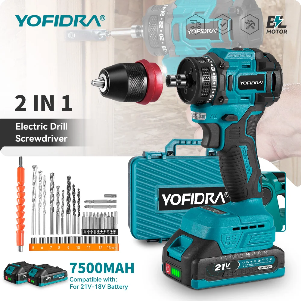 YOFIDRA 2-in-1 Bürstenloser Elektroschrauber und Bohrhammer, Akku-Bohrmaschine, Multifunktions-Elektrowerkzeug für Makita 21V Akku