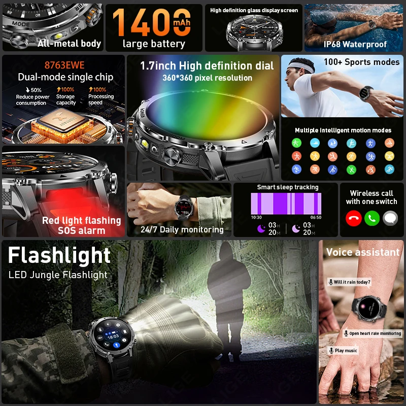 Rugged T-Rex3 Pro Military Smart Watch AMOLED Flashlight Clock Men with 1400mAh Extra-Large Battery Sports Fitness Swim Watches