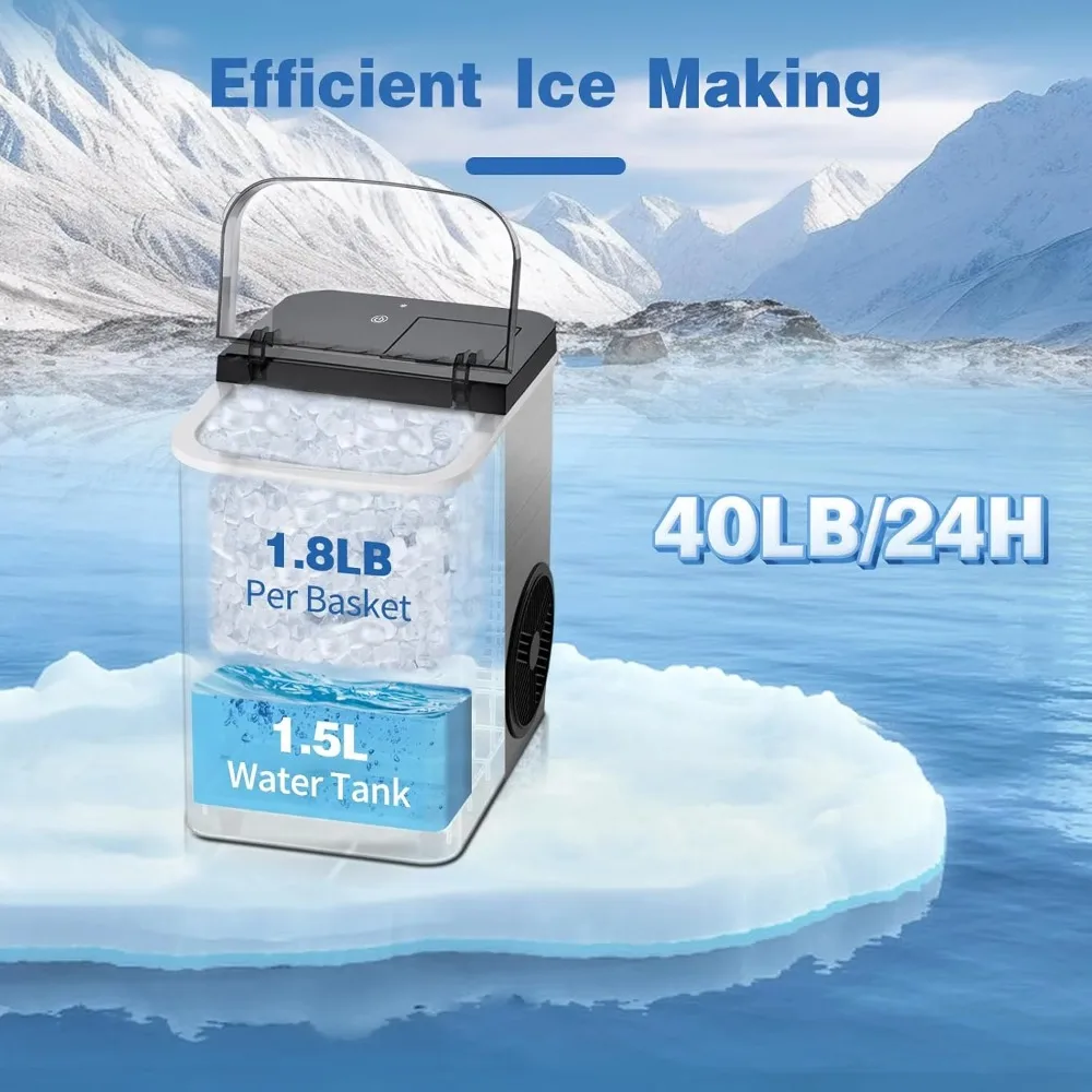 Ice maker countertop, portable chewing ice machine with timer, 40 pounds/24 hours, self-cleaning