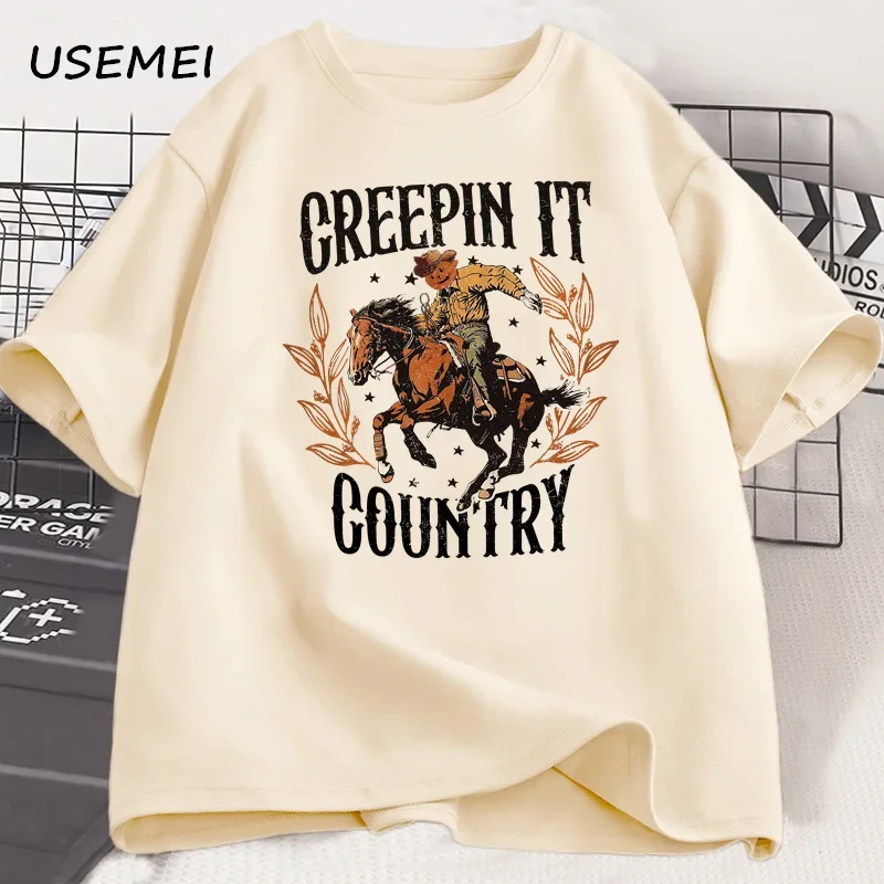 Creepin It Country Western Halloween Tshirt Men Western Pumpkin Country T-shirt Cotton Casual Short Sleeve Tees Oversized Tops