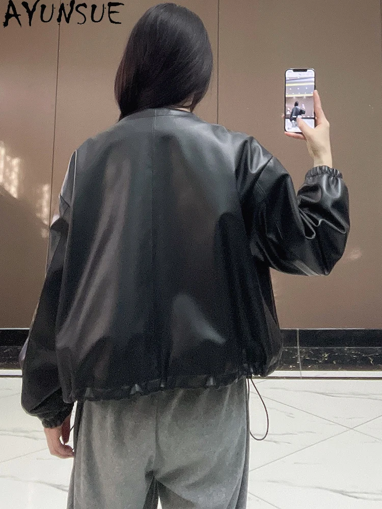 Ayunsue jaquetas de pele de carneiro genuína mulher 2025 outono jaquetas de couro mulher roupas moda solta couro genuíno topo abrigo mujer