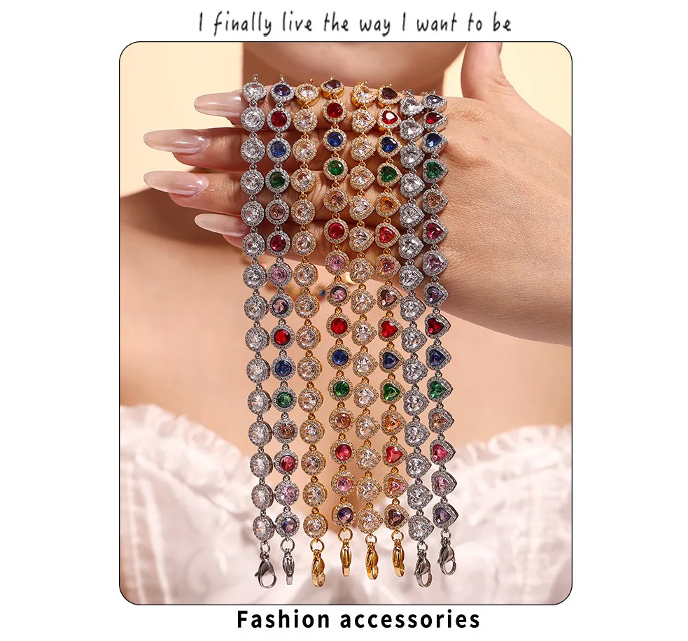 Farbiges Zirkonia-Herzarmband für Damen aus 316 Edelstahl, Vergoldet, Luxuriöser Armreif, Damen-Charm-Schmuck-Accessoires – Detail 1