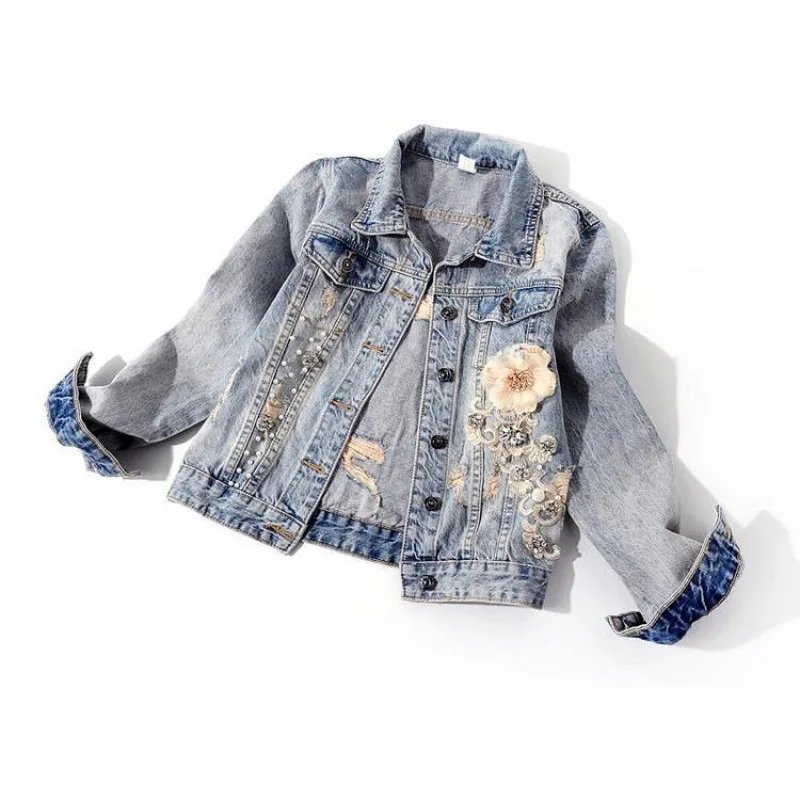 

Women's Jackets Cropped Blue Jeans Jacket Autumn 2025 New Slim Fit Rhinestone Embellished Plus Size Long Sleeve Coat Women