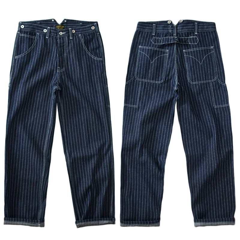 

Retro American Workwear Original Color Vertical Stripes Jeans Loose Straight Leg Dad Pants Men Women Casual Cotton Denim