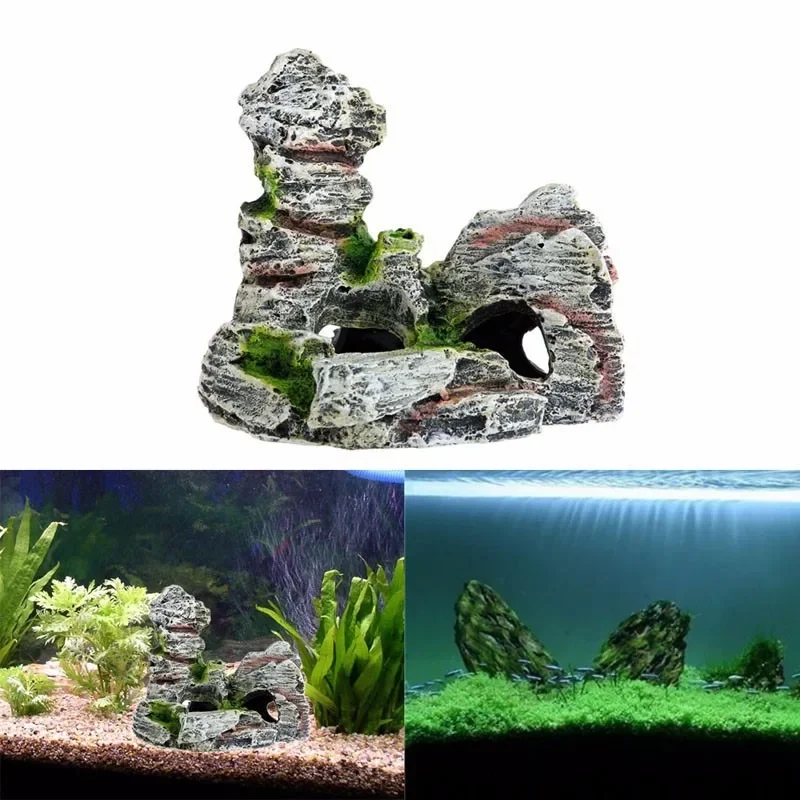 Mini Decorative Green Grass Fish Aquarium Decorative Resin Aquarium Accessories Aquarium Resin Cave Mountain View Deco