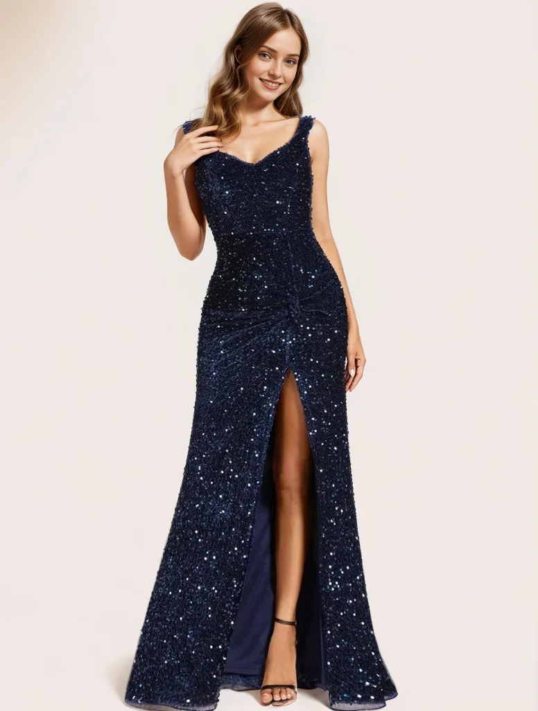 

Elegant V-neck Sequined Sling Slit Evening Dress for Women Summer Celebrity Banquet Mother of the Bride Wedding Guest Dress
