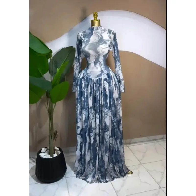 

Women Long Sleeve Tie Dye Print O-neck Big Swing Midi A-line Long Maxi Dress 2026 Elegant Evening Birthday Party Dresses