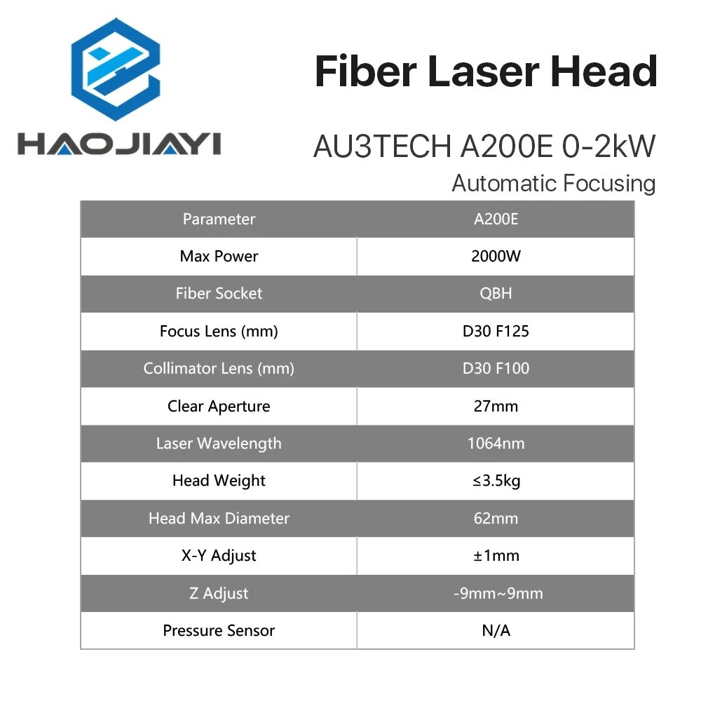 Fiber Laser Head AU3TECH A200E 0-2KW Automatic Focusing D30 CL100 FL125 for Laser Cutting Machine