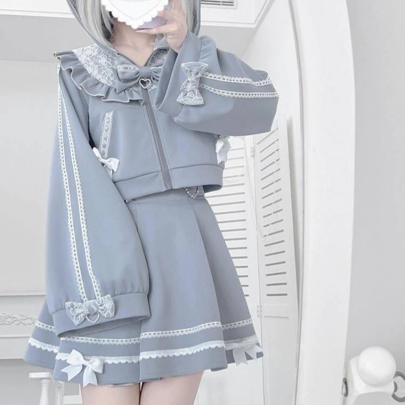 Japanese Gothic Y2k Lolita Style Skirt Sets Women Kawaii Bow Hooded Short Coat Lace Patchwork Mini Skirts Harajuku Fashion Suit