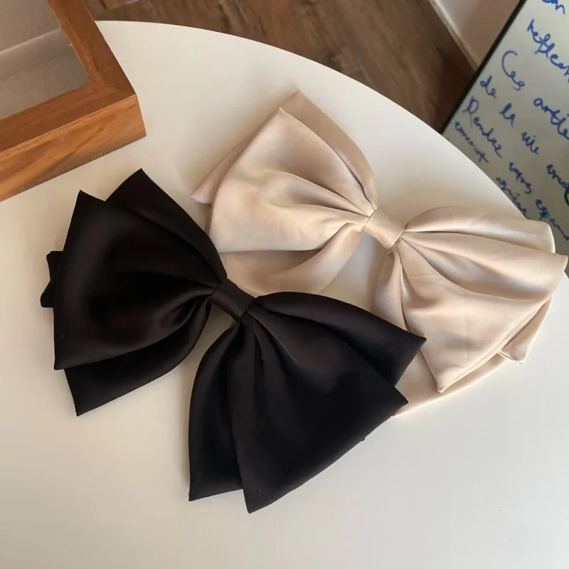 Elegant Satin Silk Large Bow Hair Clips Barrettes Women Girls Solid Black Ribbon Big Bowknot Hairpins  Hair Accessories Fashion