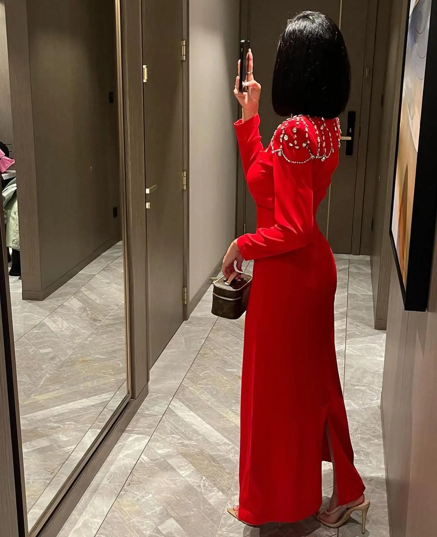 AsaNagi Crystal Red Mermaid Prom Dress customized Square Neck Long Sleeve Party Evening Gown Back Slit Special Occasion Dresses