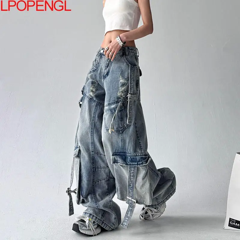 2026 Personalized Ribbon Ripped Irregular Button Jeans Women Vintage Wide Legs Multiple Pockets Distress Streetwear Cargo Pants