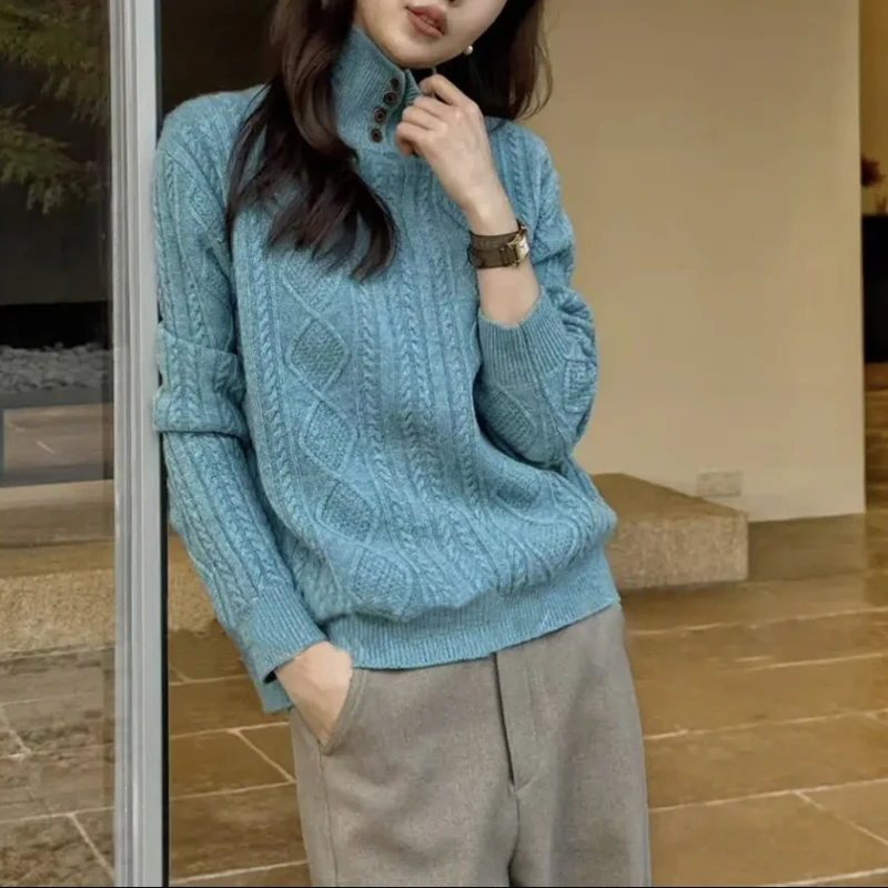 

100%pure wool sweater 2025 autumn and winter new high neck knitted pullover Korean fashion loose top soft and comfortablesweater