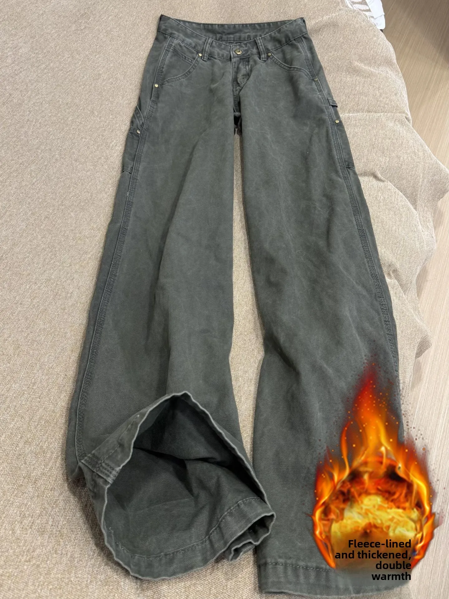 

plus Size Vintage Fleece Lined Thick Workwear Denim Pants Women's Autumn Winter Pear Shaped High Waist Slim Straight Wide Leg...