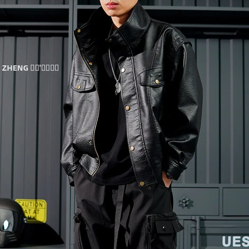 

Мужская кожаная куртка в стиле ретро с воротником-стойкой, рабочая одежда, новинка весны, для активного отдыха, из искусственной кожи, с длинными рукавами, молодежная мода