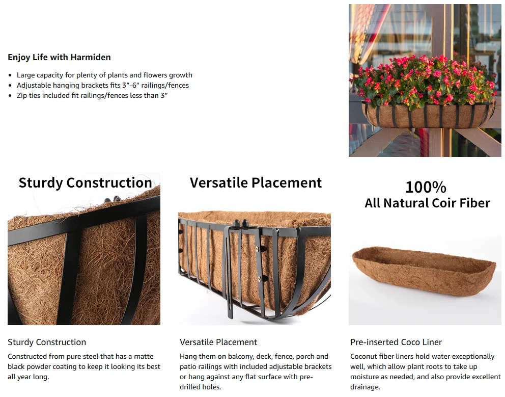 2 Piece 30 Inch Iron Classic Window Frame Planters with Coconut Fiber Pads for Outdoor Terrace Balcony Rails Fences Porch
