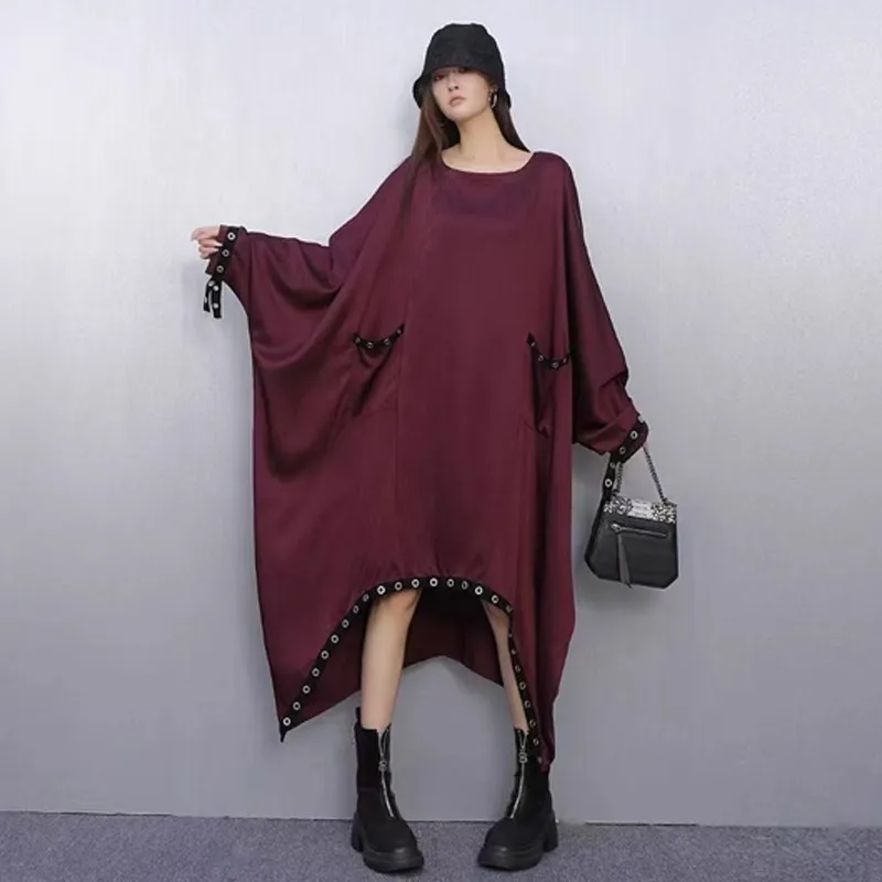 

SuperAen Europe and America Style Design Asymmetrical Dress 2026 Autumn New Loose Batwing-sleeved Oversize Long Dresses