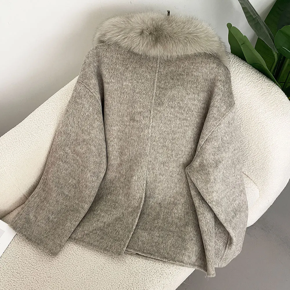 Double sided Cashmere Coat with Real Fur Collar Luxury Winter Jacket Ladies Warm Clothing High End Wool Coat Woman