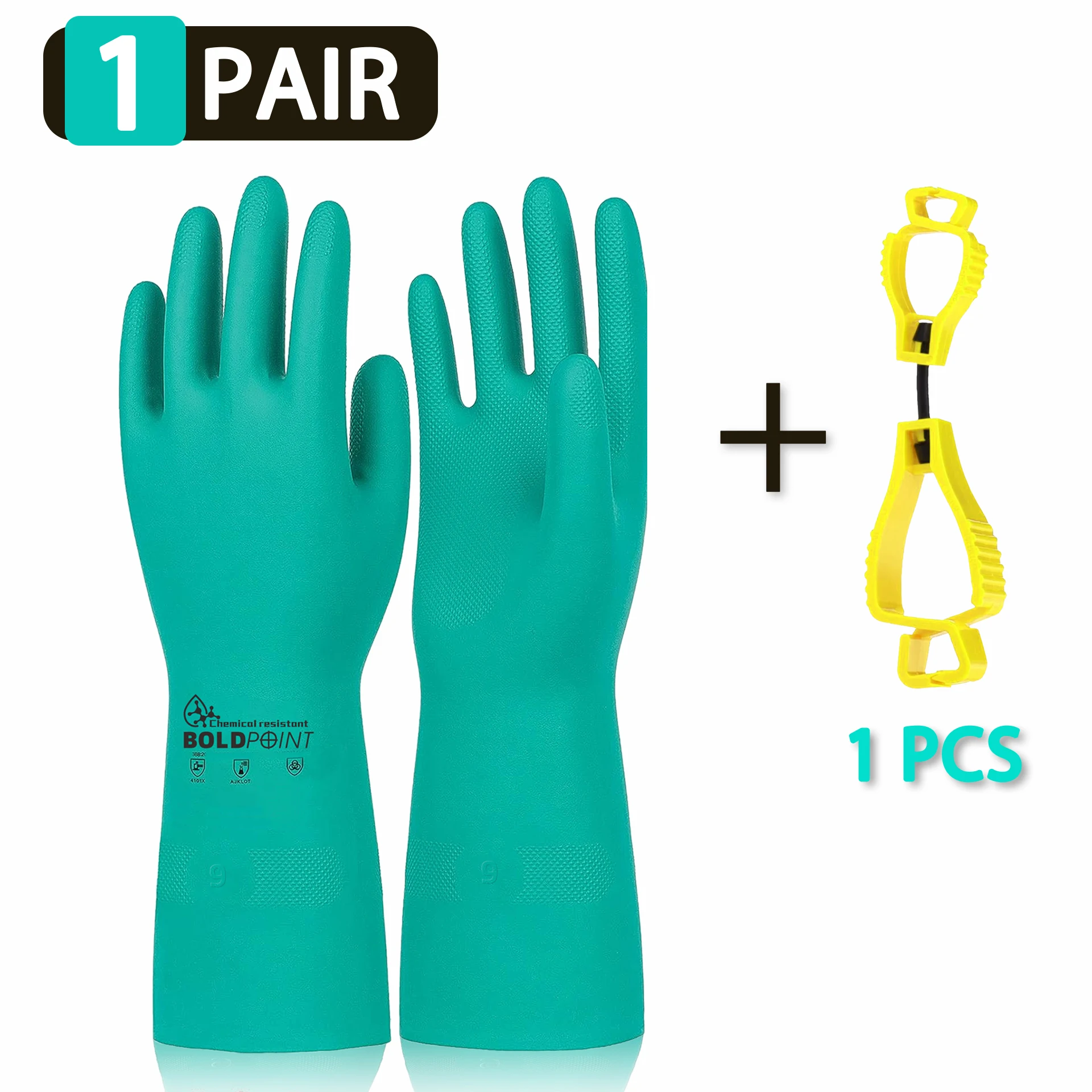 1 Pair 13'' Extra Thick Nitrile Gloves with Holder - Chemical & Acid Resistant, Long Sleeve, Latex-Free.