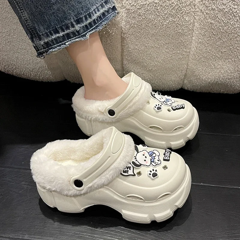 Winter Women's Closed Toe Plus Velvet Platform Slippers Keep Warm Increase Height Casual Clogs Shoes for Women Home Cotton Shoes