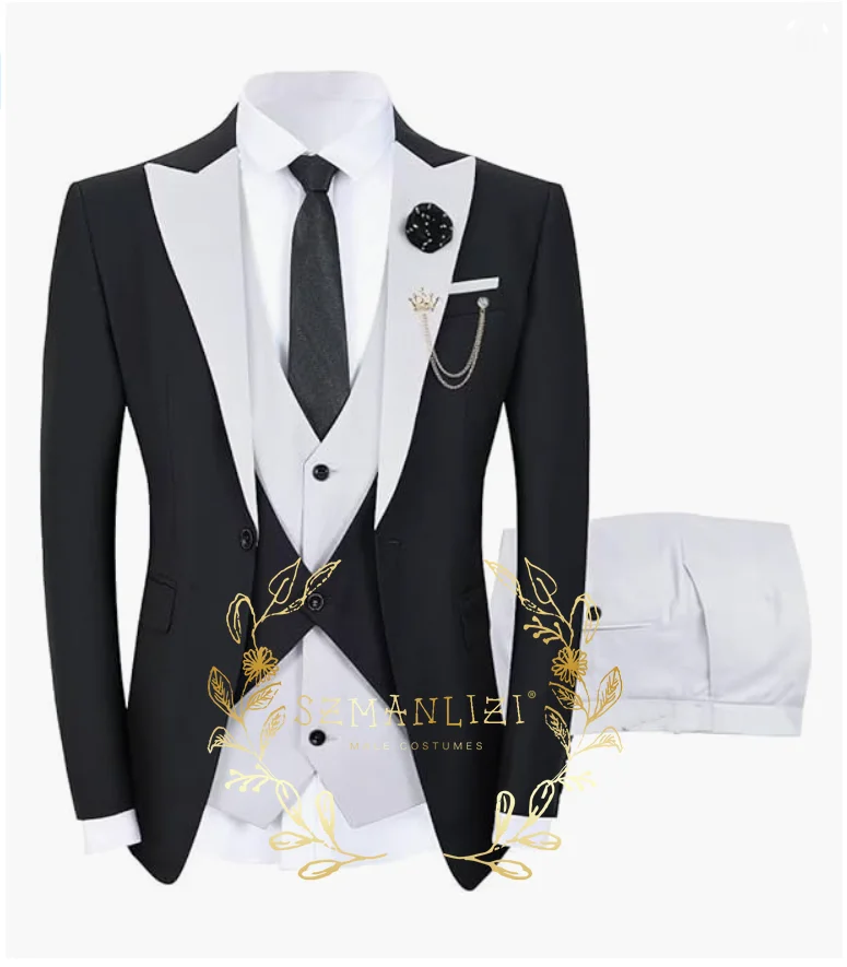 Black Beige Men Suit 3 Pieces Tuxedo Peaked Lapel Groomsmen Wedding Suits Set Fashion Men Business Blazer Jacket+Pants+Vest