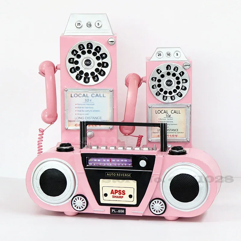 americano retro rosa telefone parede pingente de radio modelo ornamento net vermelho loja decoracao vestido janela exibicao 01