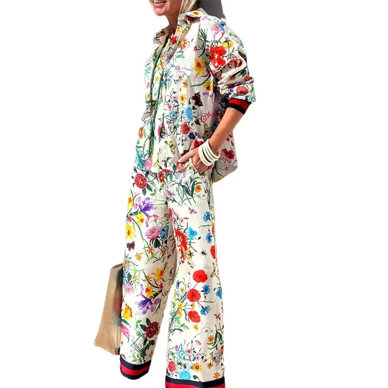 

Summer Women Floral Print Two Piece Set Elegant Chic Vacation Holiday Loose Outfits Long Sleeve Shirt Wide Leg Pants Boho Suit