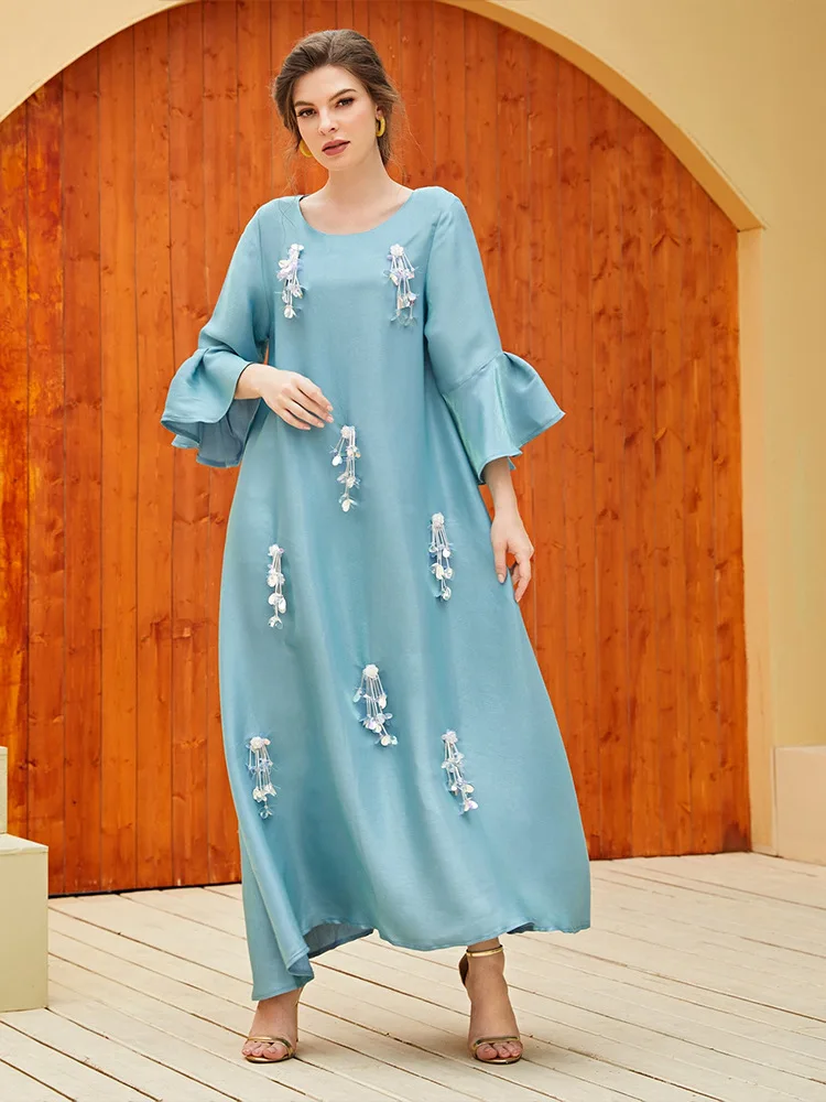 

Muslim Women Satin Maxi Dress Flower Abaya Dubai Kaftan Turkey Robe Eid Djellaba Islamic Jalabiya Caftan Marocain Femme Vestidos