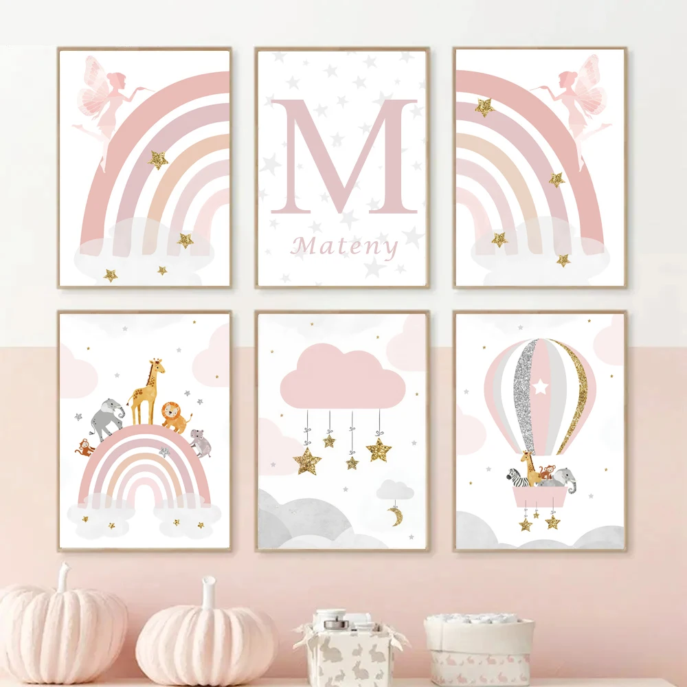 Pink Fairy Rainbow Balloon Girl Bedroom Poster Baby Nursery Wall Art Canvas Painting Kawaii Animal Picture Children's Room De
