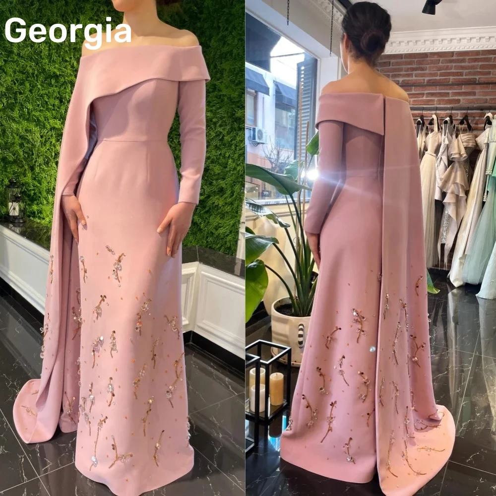 

Customized فساتين سهرة سعودية فخمة Column Off-The-Shoulder Neckline Prom Dresses Beadings Ankle-Length Zipper Up Long Sleeves