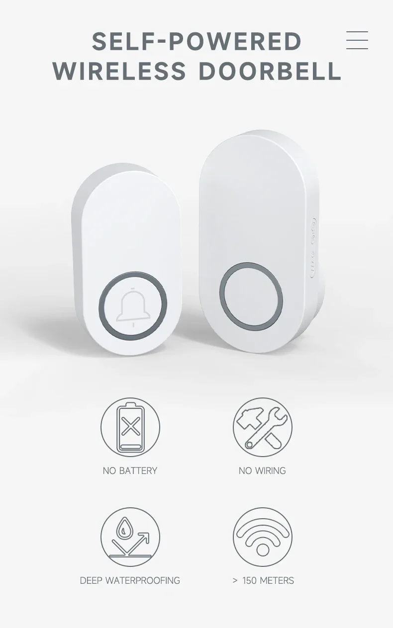 NO Battery Required Ring Doorbell Outdoor Waterproof Bell Wireless doorbell with Button Chimes
