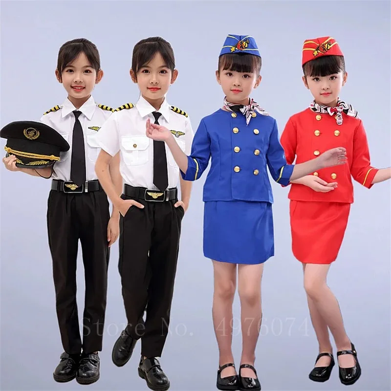 Costume cosplay da pilota per bambini, assistente di volo, per Halloween, regalo per feste in maschera, set di abbigliamento per hostess dell'aeronautica