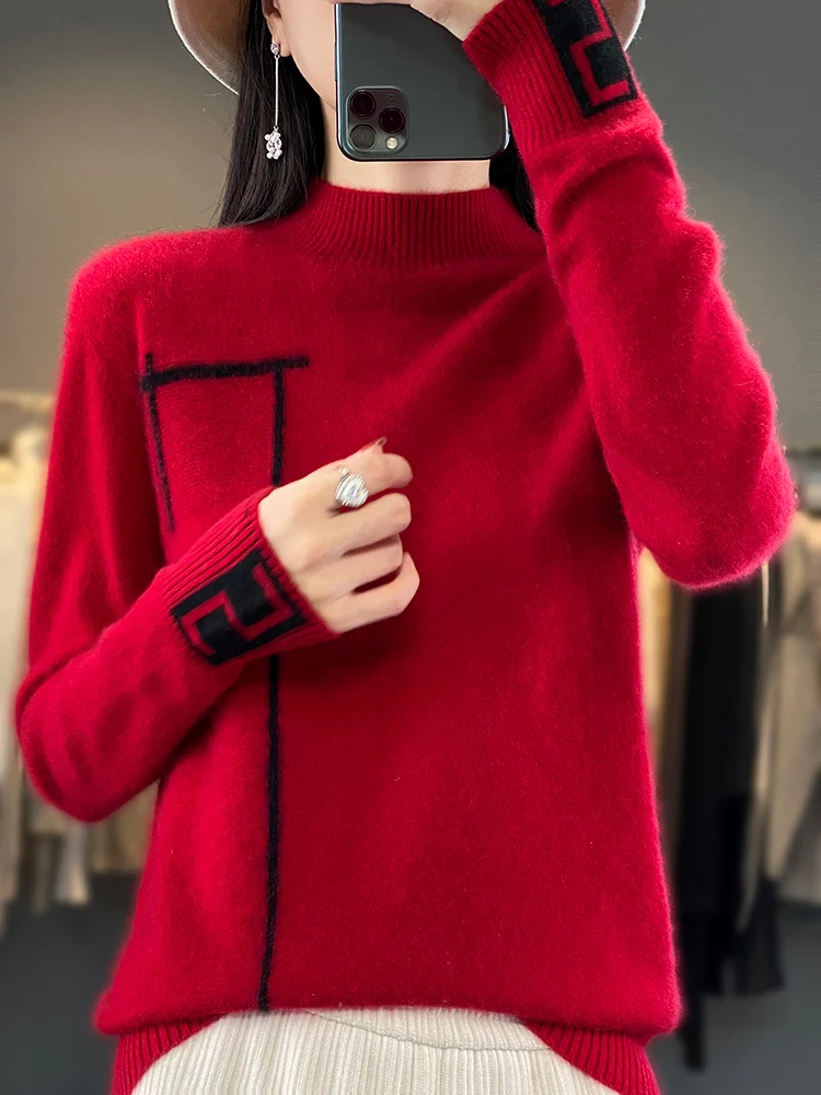 

Good to wear Women Long Sleeve Pullover Sweater 100% Merino Wool Half High Neck Soft Warm Knitwear Autumn Winter Female Clothing