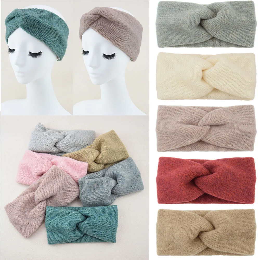 New Cashmere Cross Wide Headbands for Women Winter Warmer Knitting Elastic Hair Band Turban Solid Bandana Scarf Hair Accessories