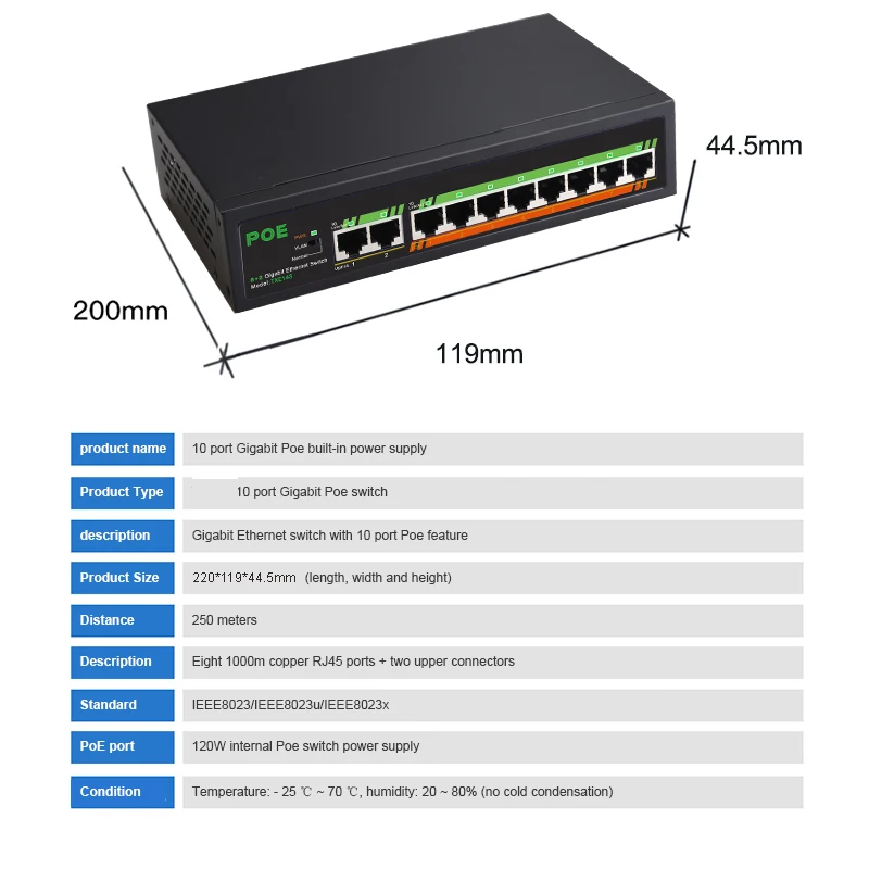 Conmutador POE Gigabit completo, conmutador de red para cámara/ENRUTADOR Wifi, 1000Mbps, 8 puertos, 2 puertos de enlace ascendente