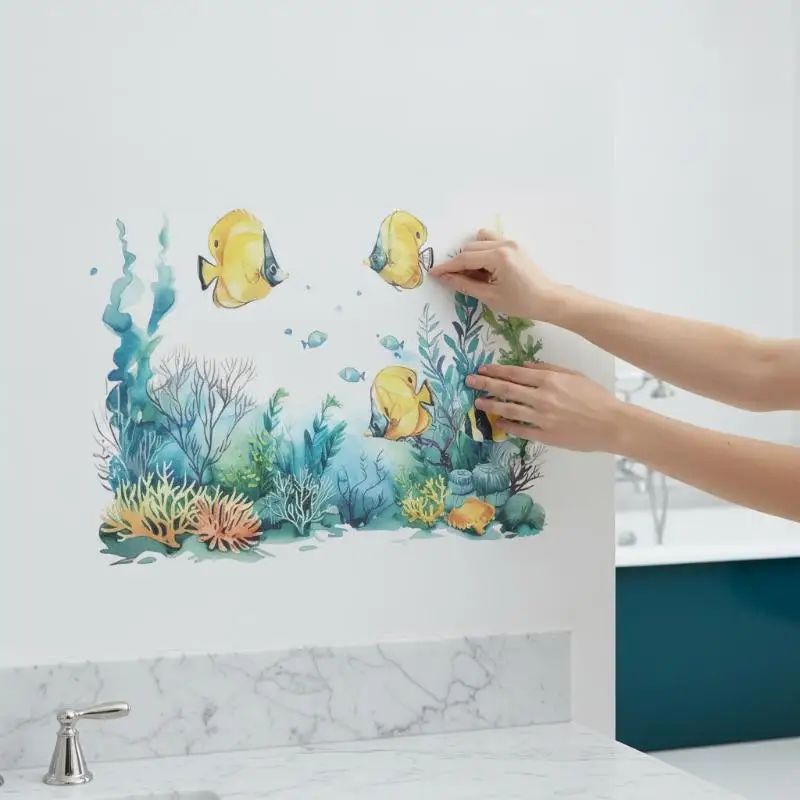 Ocean Fish Sink Area Background Wall Sticker Bathroom Wall Decoration Self-Adhesive Removable Waterproof Creative Sticker
