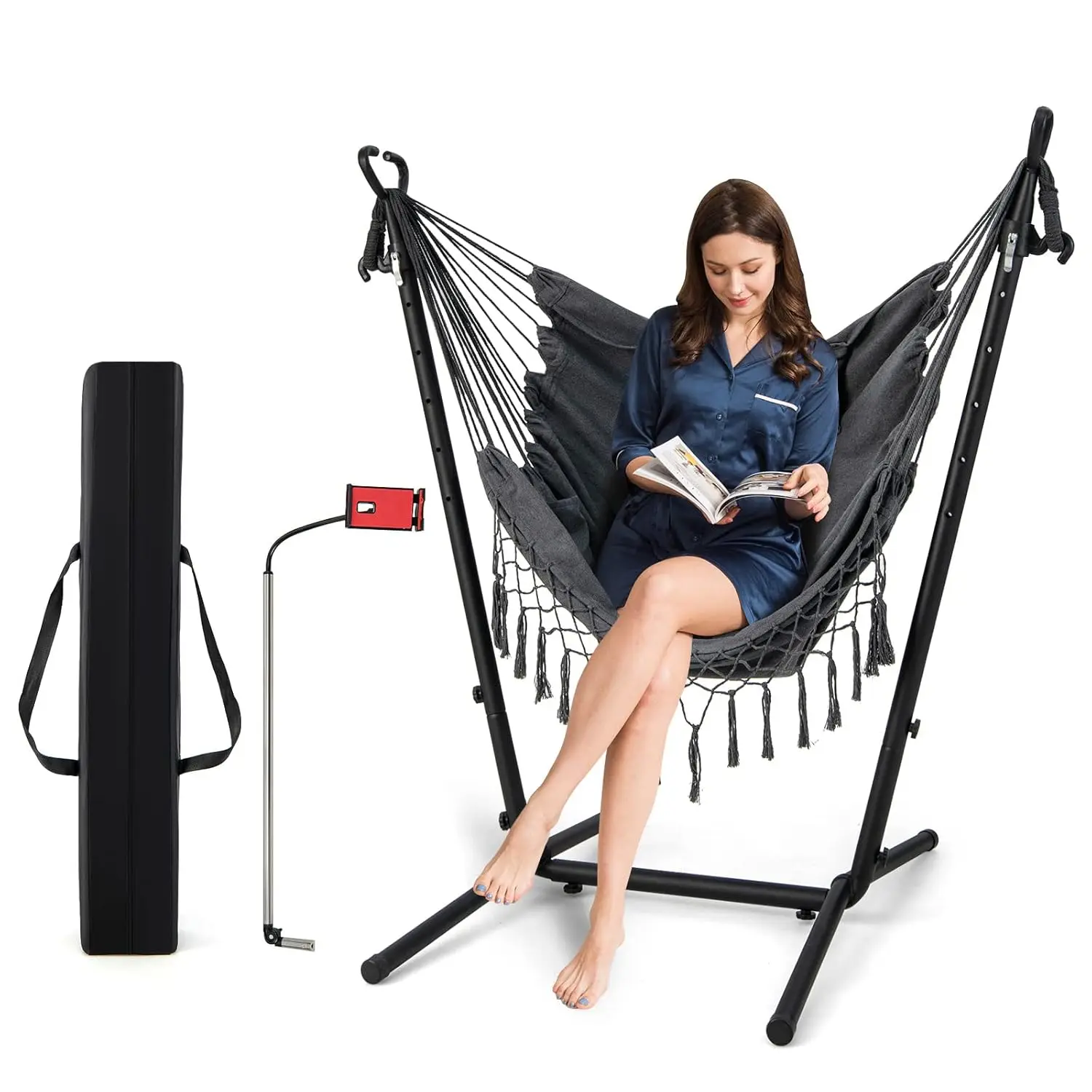 Hammock Chair with Stand, Bohemian Style Macrame Swing Chair with Stand, Mobile Phone Support, Height Adjustable, Customized